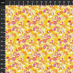 Gele ondergrond met roze bloemen