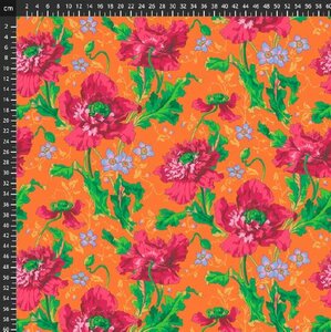 Kaffe Fassett Collective grote roze bloemen op een oranje ondergrond