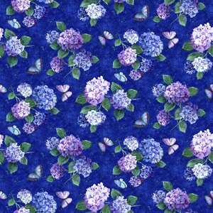 Northcott Rhapsody in Blue Hortensia op blauwe ondergrond