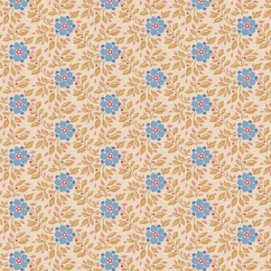 Tilda blauwe bloemen tussen creme takjes